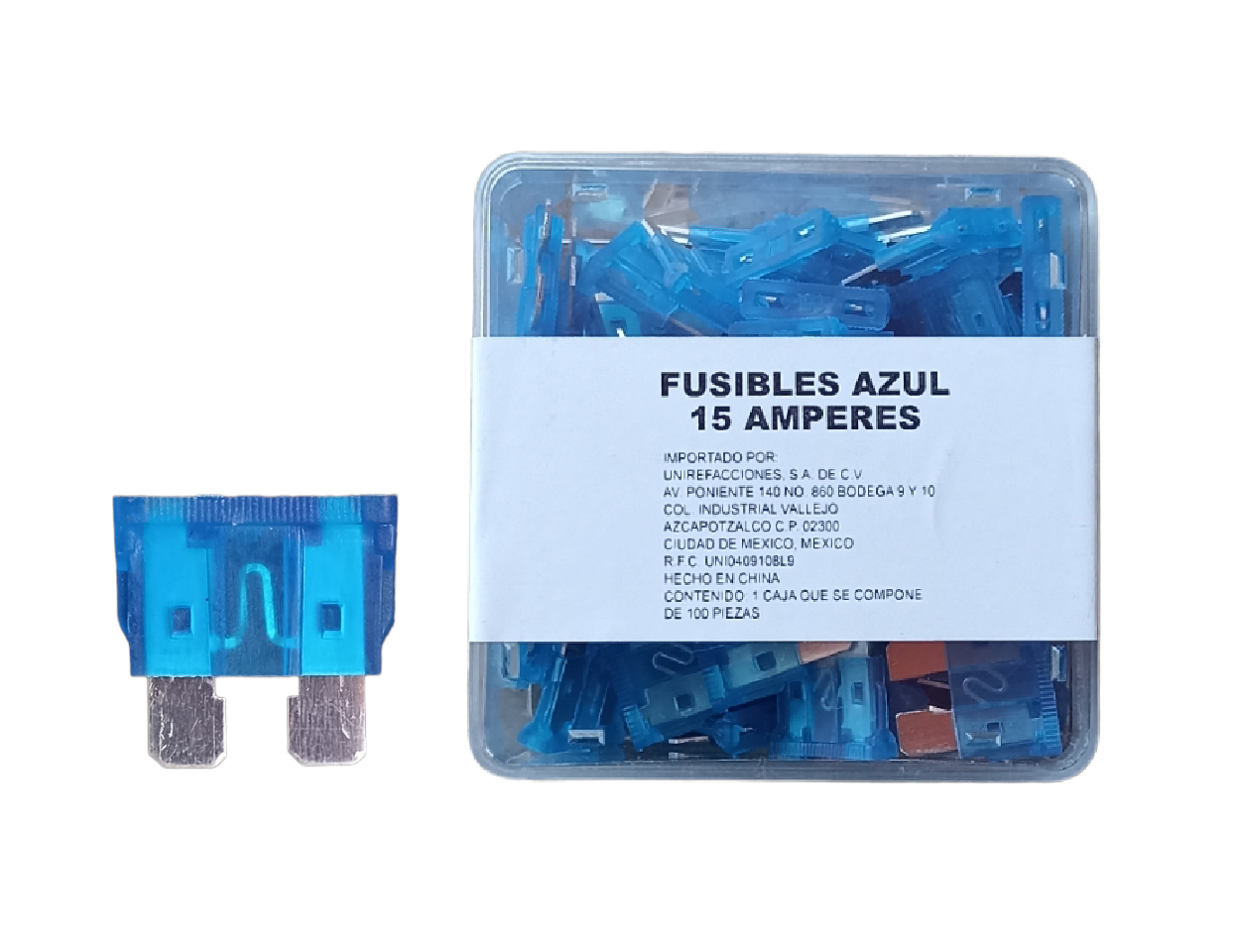 Caja con 100 Fusibles Azules Tipo Clavija de 15 Amperes